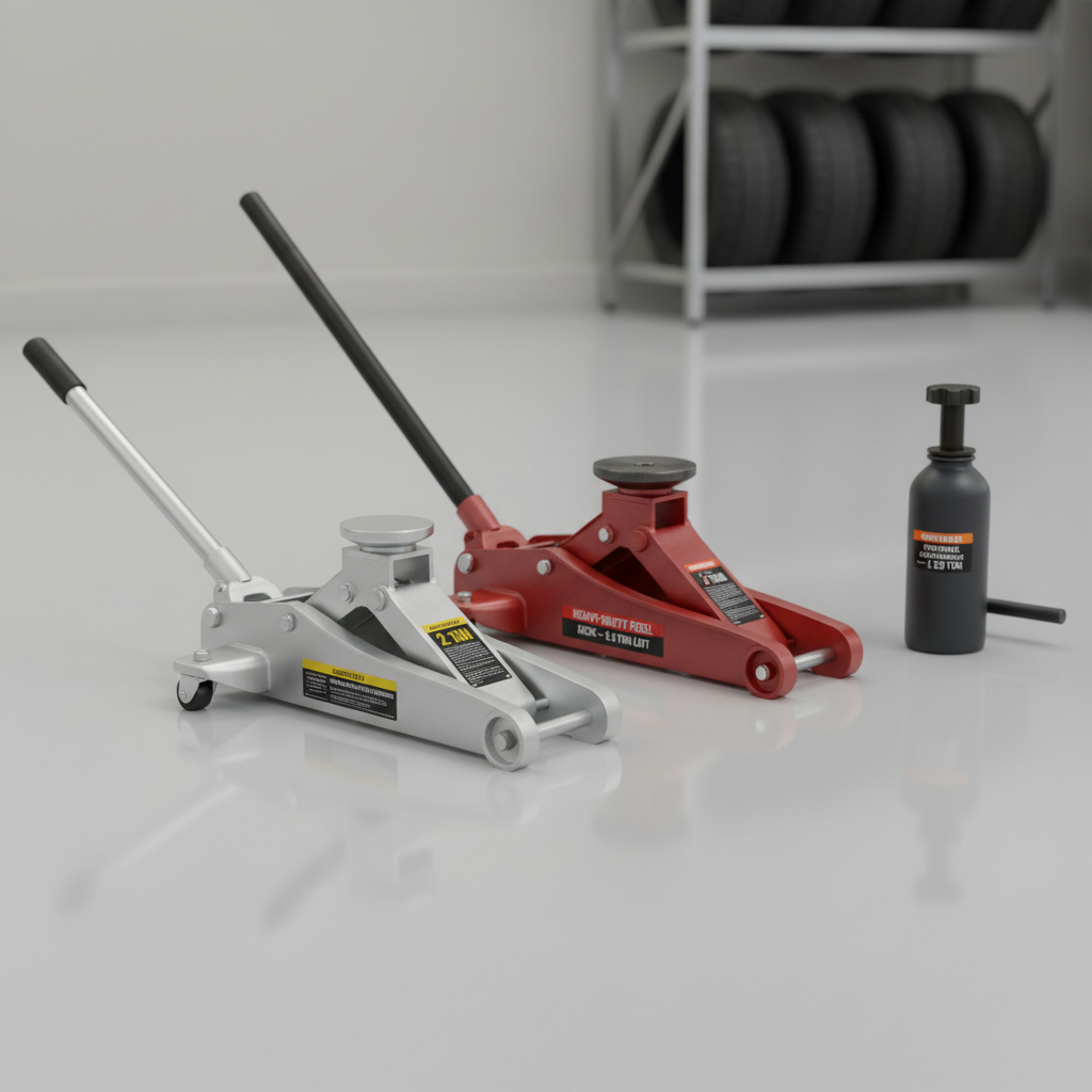 A close-up, photographic view of three different automotive floor jacks lined up diagonally on a spotless epoxy-coated garage floor: a low-profile racing jack in brushed aluminum, a heavy-duty steel jack in matte red, and a compact portable jack in dark graphite. Each jack’s saddle, handle, and safety labels are clearly visible, emphasizing build quality and design differences. Soft studio-style lighting from above and slightly to the side creates crisp highlights along the metal edges and gentle shadow gradients underneath. The background is a clean, out-of-focus garage wall with faint outlines of shelving and tires. Shot from a low, three-quarter angle with shallow depth of field, the mood is analytical and professional, ideal for illustrating a detailed product comparison or buying guide.